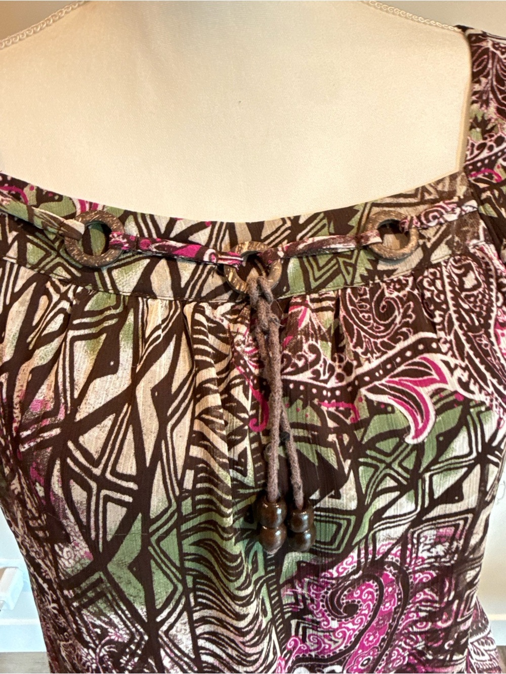 dressbarn Olive and Magenta Short-Sleeve Printed Peasant Blouse - Picture 2 of 6